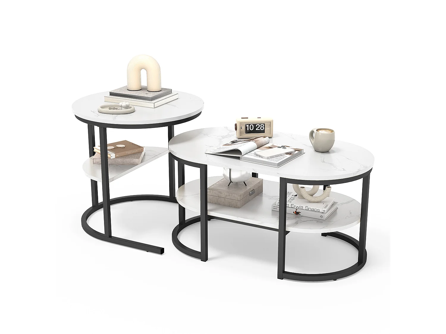 Table Basse Salon Noir Effet Marbre et Doré, Table Gigogne Moderne 2 Pièces avec Étagère de Rangement