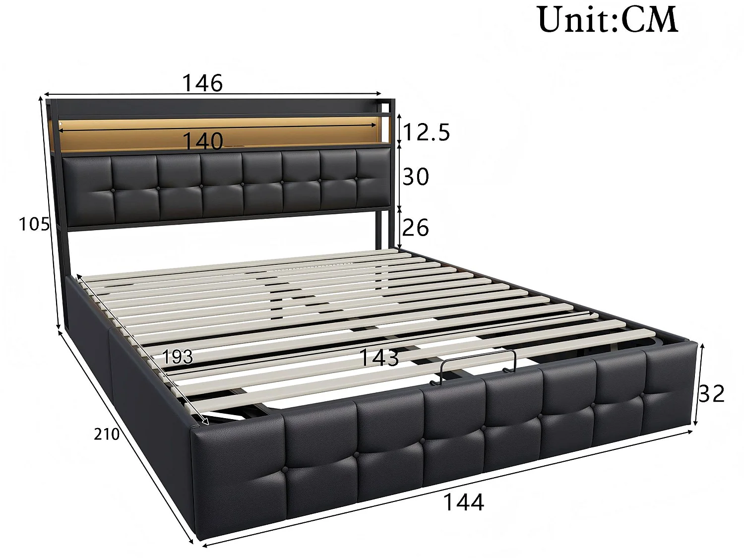 Lit coffre 140x190 cm avec tête de lit capitonnée, rangement spacieux, éclairage LED, ports USB, sommier inclus,  Noir