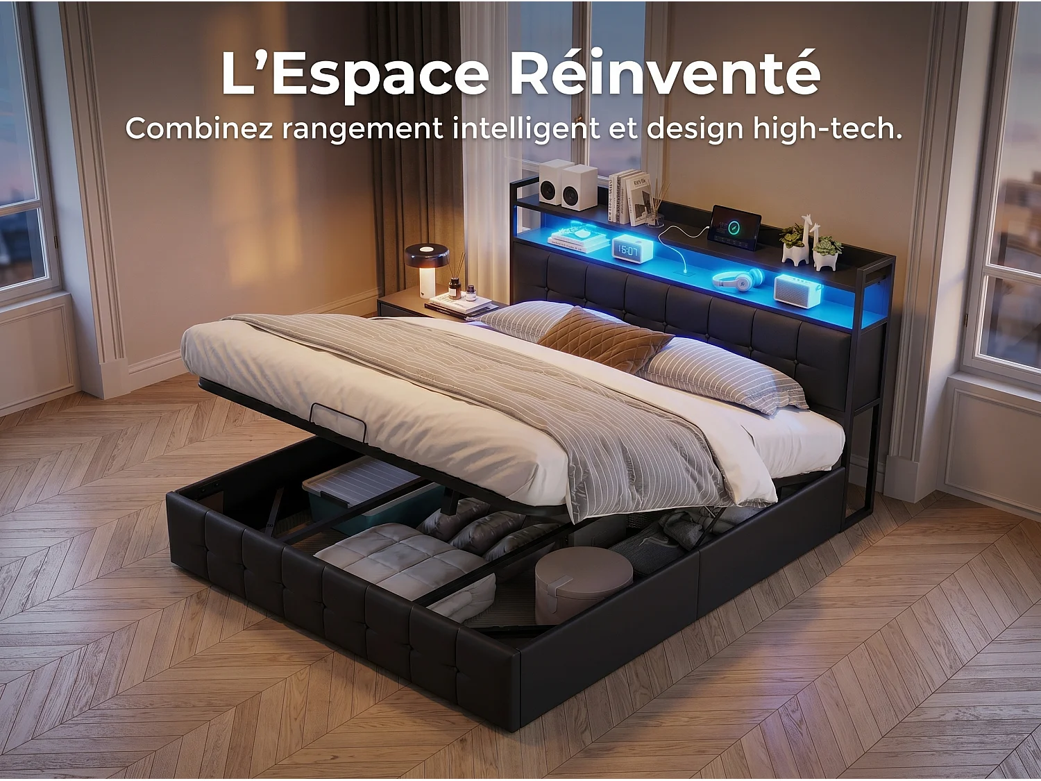 Lit coffre 140x190 cm avec tête de lit capitonnée, rangement spacieux, éclairage LED, ports USB, sommier inclus,  Noir