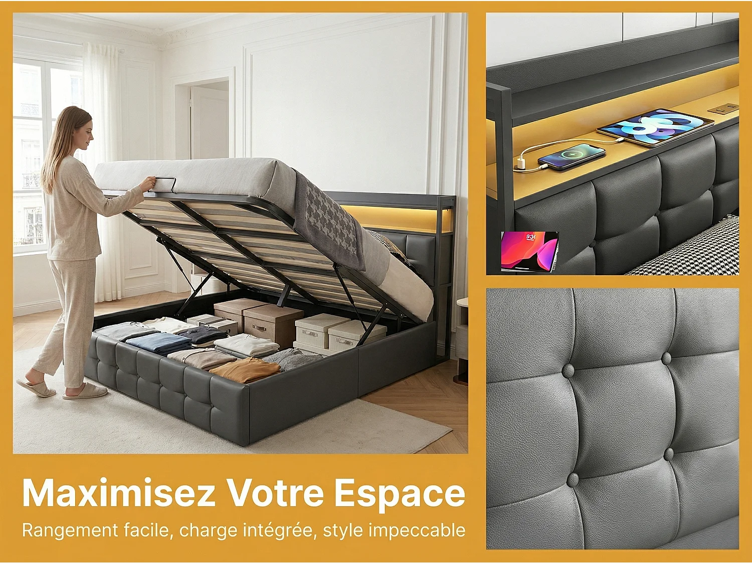 Lit coffre 140x190 cm avec tête de lit capitonnée, rangement spacieux, éclairage LED, ports USB, sommier inclus,  Noir