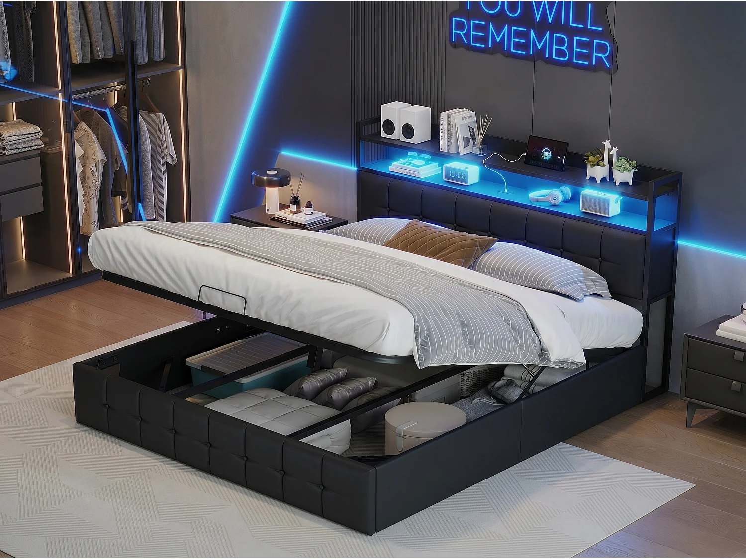 Lit coffre 140x190 cm avec tête de lit capitonnée, rangement spacieux, éclairage LED, ports USB, sommier inclus,  Noir