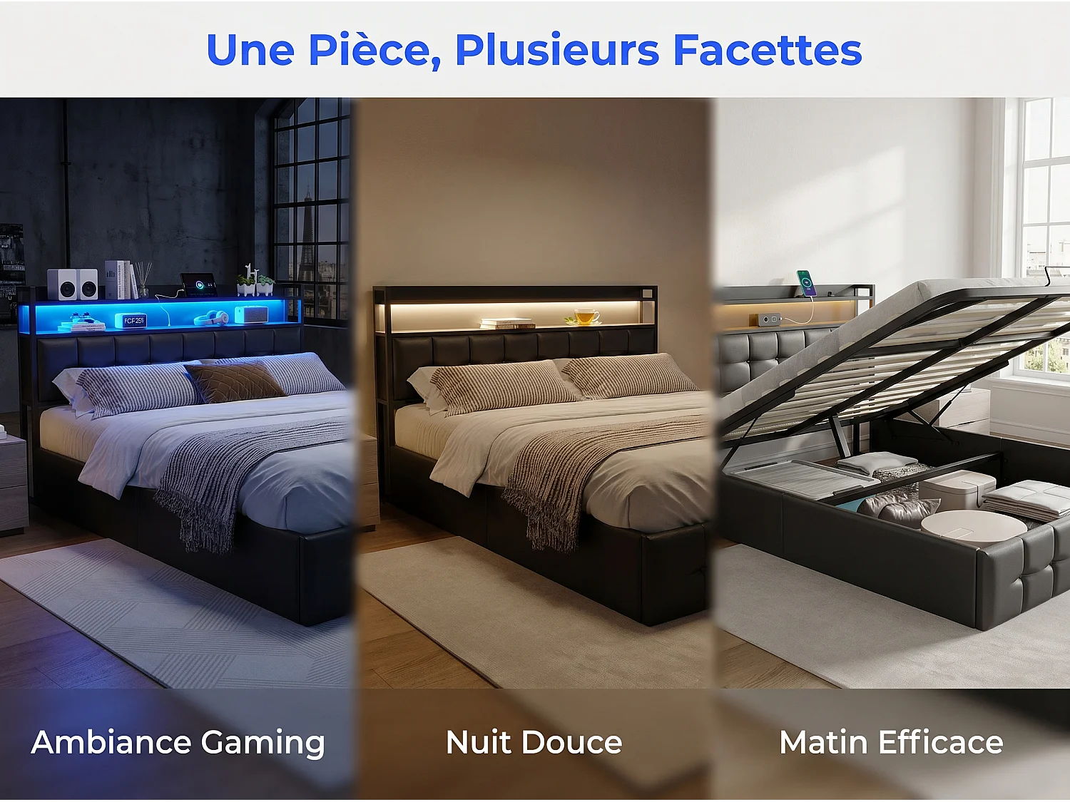 Lit coffre 140x190 cm avec tête de lit capitonnée, rangement spacieux, éclairage LED, ports USB, sommier inclus,  Noir