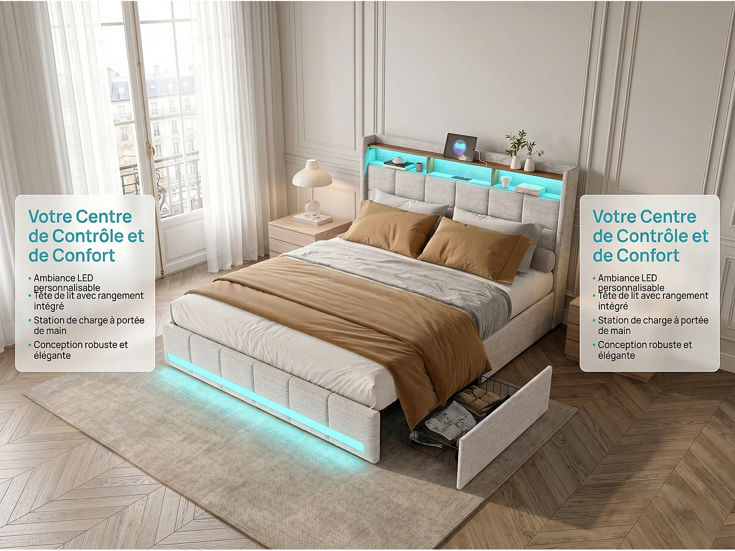 Lit double 140x200 avec rangement en lin, cadre de lit rembourré, 4 tiroirs coulissants, sommier à lattes, tête de lit LED, Beige