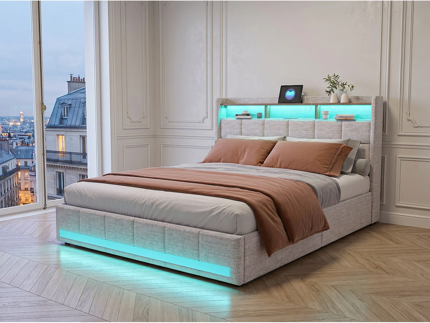 Lit double 140x200 avec rangement en lin, cadre de lit rembourré, 4 tiroirs coulissants, sommier à lattes, tête de lit LED, Beige