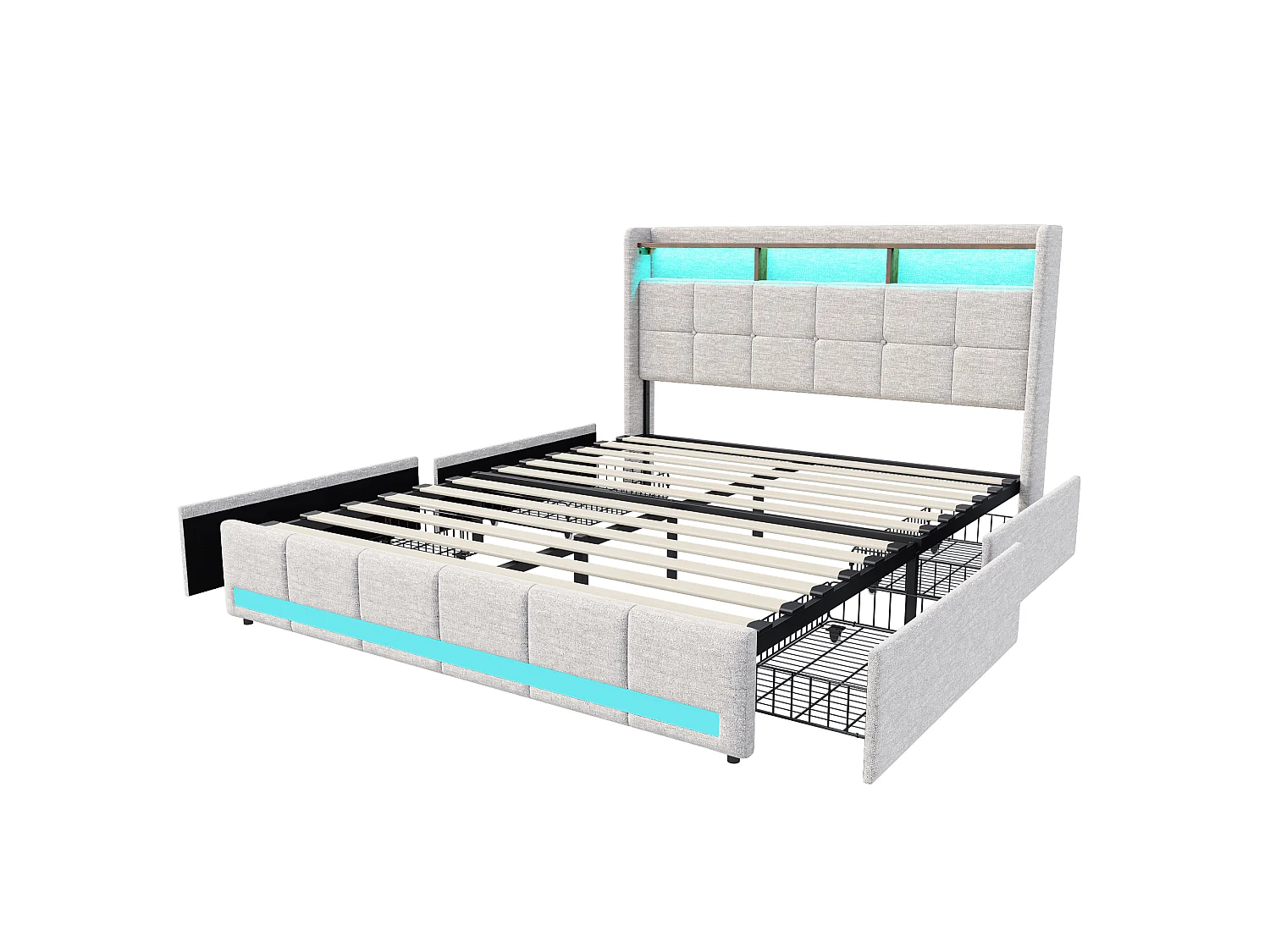 Lit double 140x200 avec rangement en lin, cadre de lit rembourré, 4 tiroirs coulissants, sommier à lattes, tête de lit LED, Beige