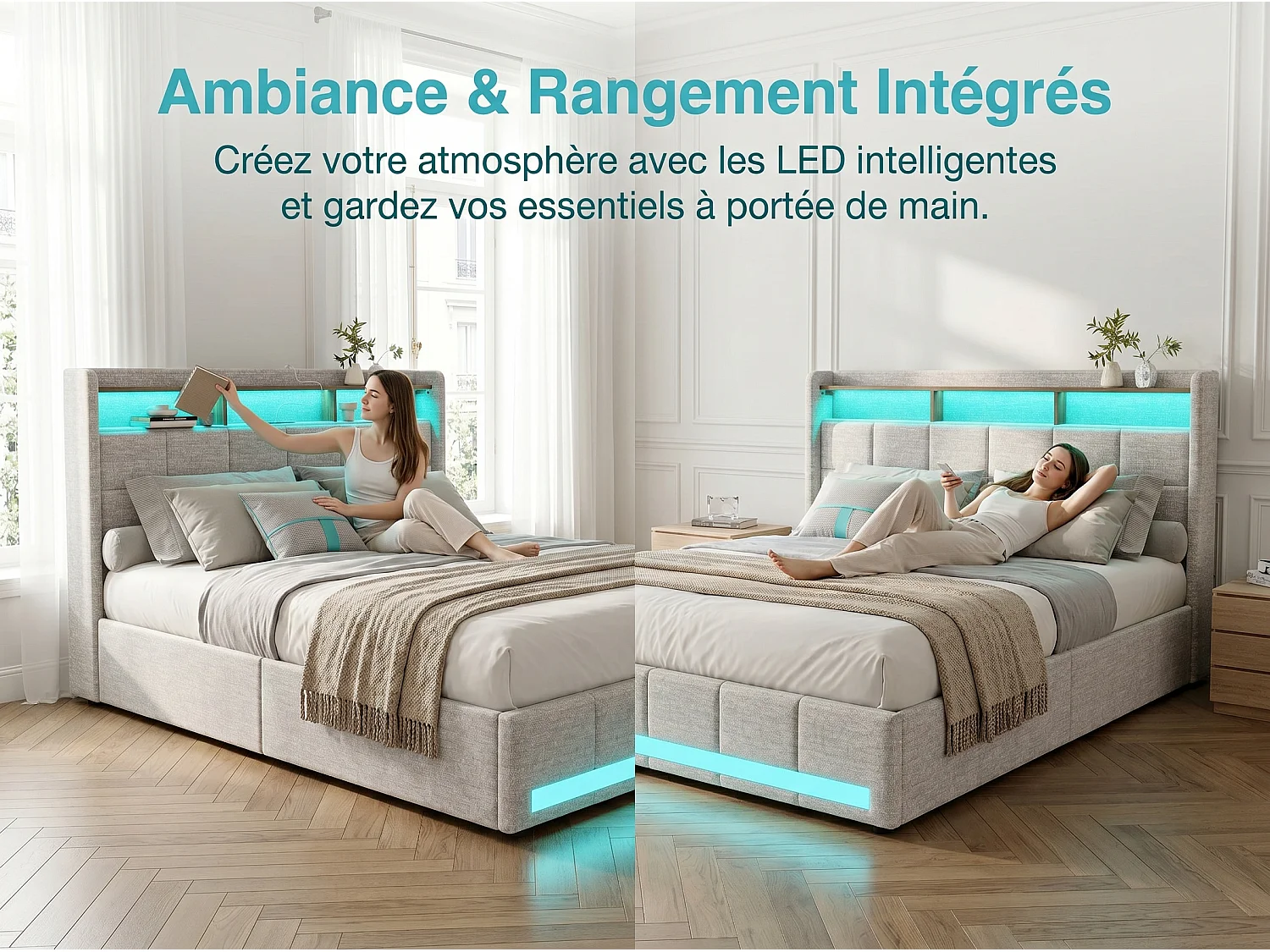 Lit double 140x200 avec rangement en lin, cadre de lit rembourré, 4 tiroirs coulissants, sommier à lattes, tête de lit LED, Beige