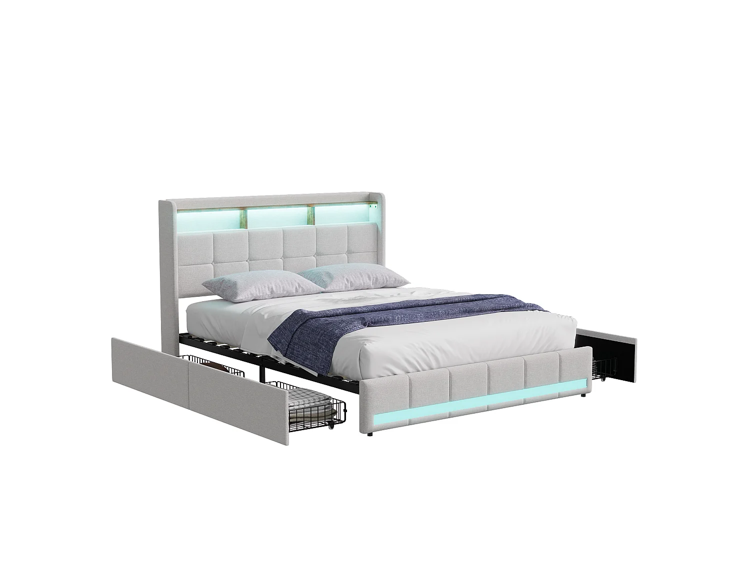 Lit double 140x200 avec rangement en lin, cadre de lit rembourré, 4 tiroirs coulissants, sommier à lattes, tête de lit LED, Beige