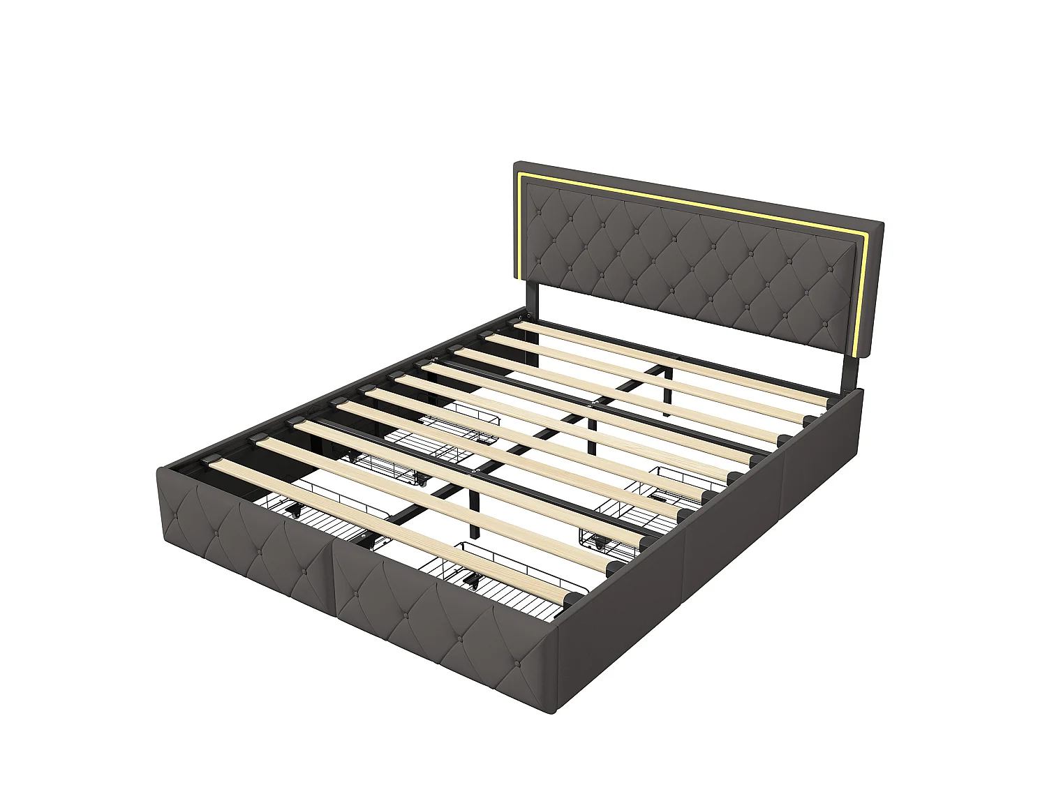 Lit coffre 140x200 cm Noir avec rangement, lit double rembourré avec tiroirs, tête de lit LED capitonnée et sommier à lattes inclus