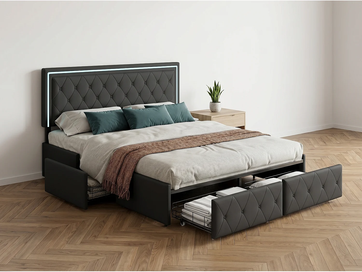 Lit coffre 140x200 cm Noir avec rangement, lit double rembourré avec tiroirs, tête de lit LED capitonnée et sommier à lattes inclus
