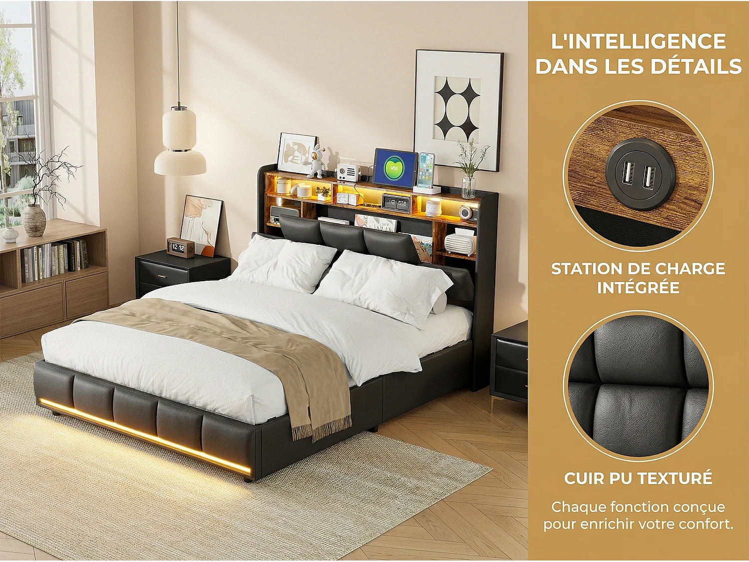 Lit coffre 140x200 cm noir, lit double avec grand espace de rangement, sommier à lattes, tête de lit avec LED intégrée, structure rembourrée
