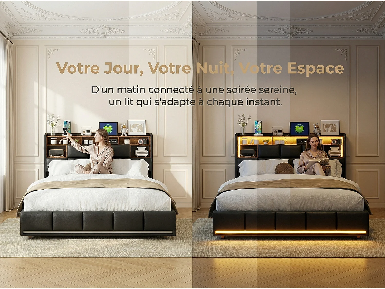 Lit coffre 140x200 cm noir, lit double avec grand espace de rangement, sommier à lattes, tête de lit avec LED intégrée, structure rembourrée