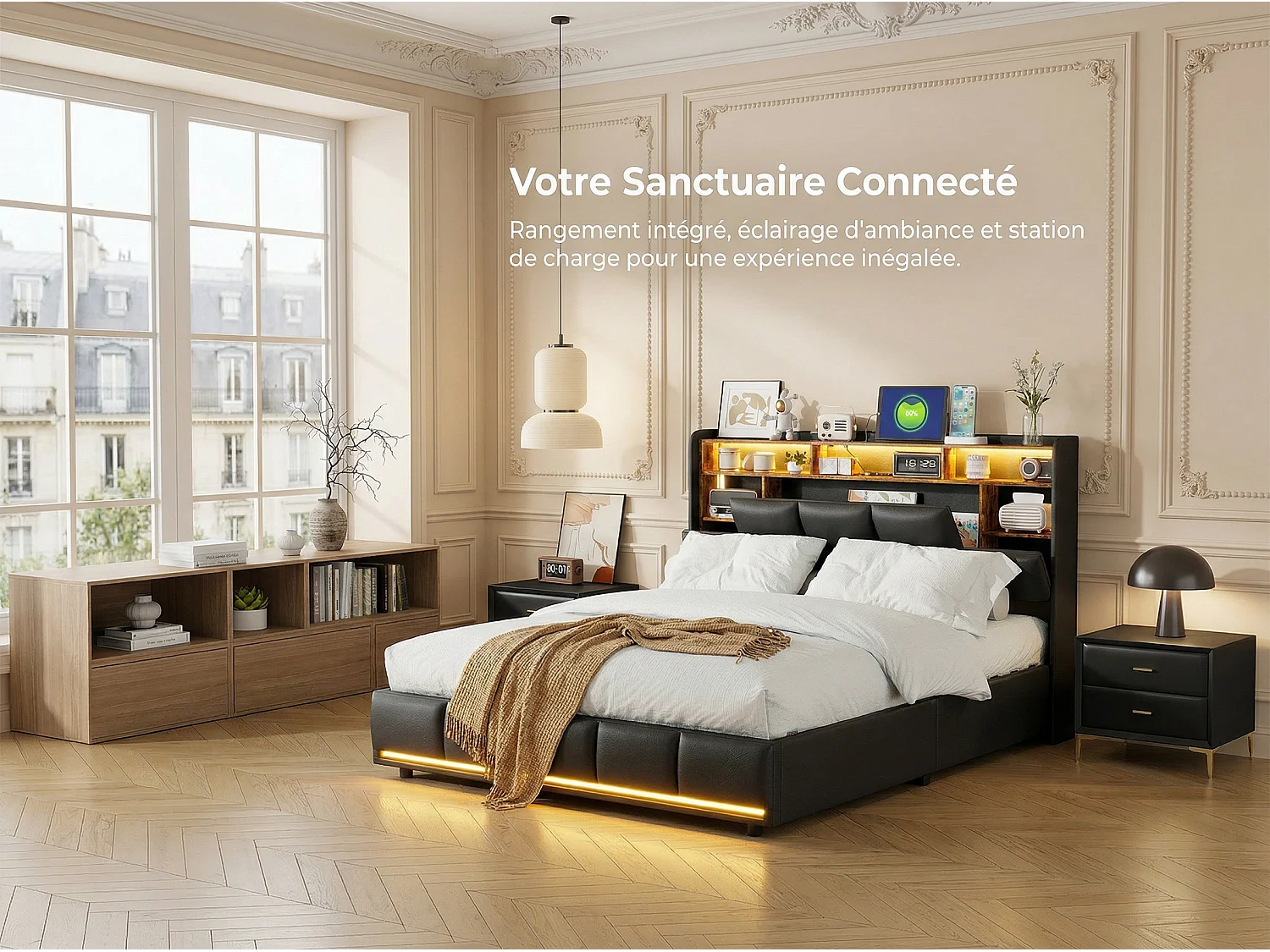 Lit coffre 140x200 cm noir, lit double avec grand espace de rangement, sommier à lattes, tête de lit avec LED intégrée, structure rembourrée
