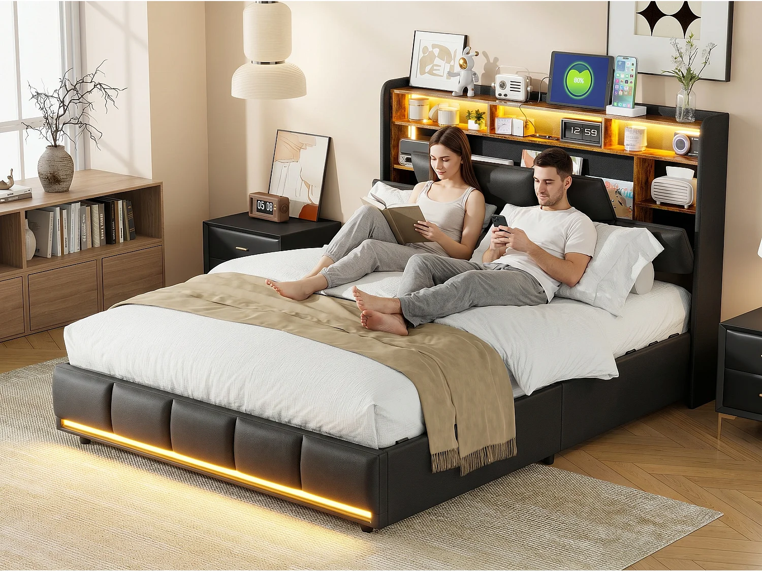 Lit coffre 140x200 cm noir, lit double avec grand espace de rangement, sommier à lattes, tête de lit avec LED intégrée, structure rembourrée