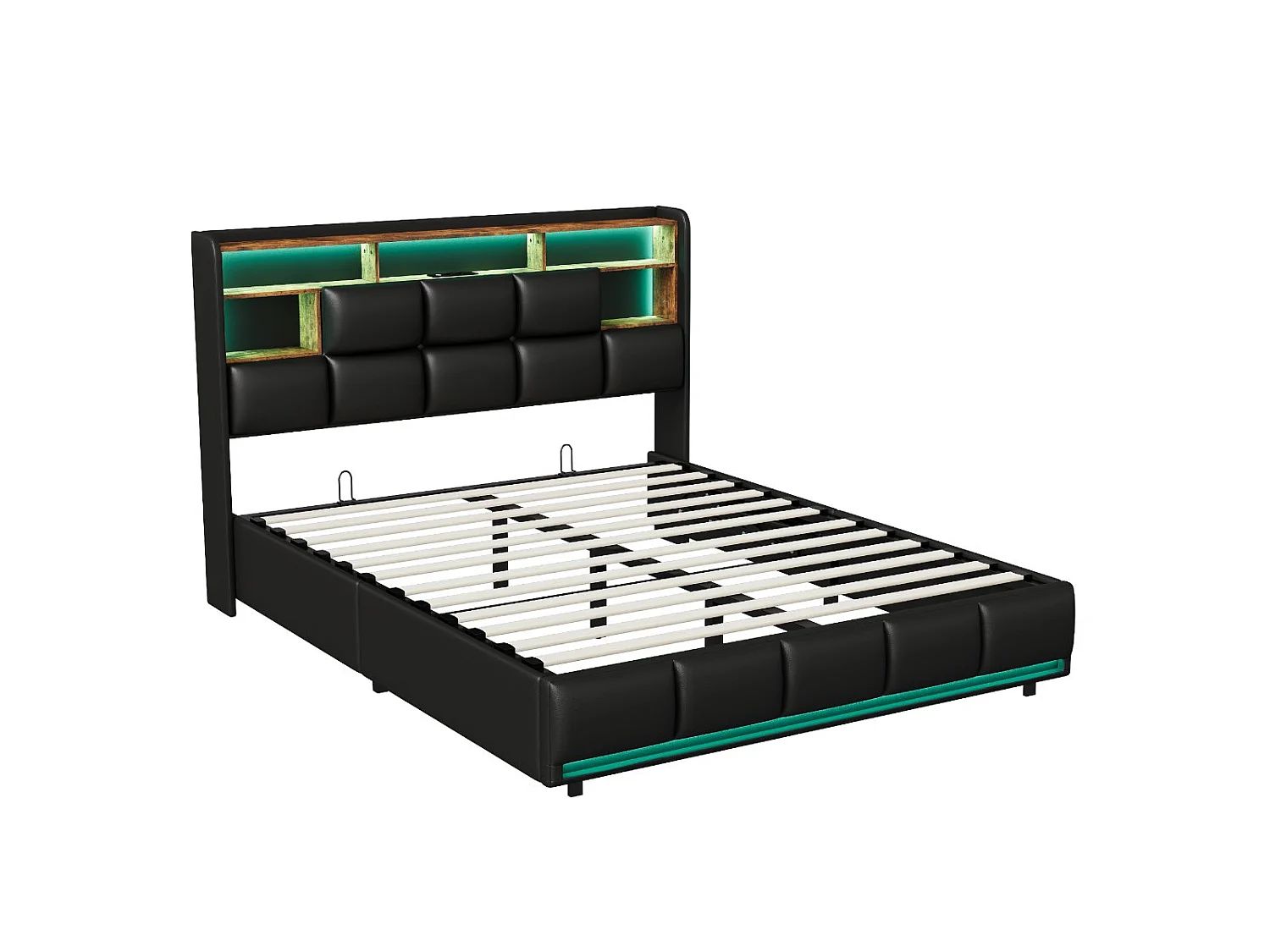 Lit coffre 140x200 cm noir, lit double avec grand espace de rangement, sommier à lattes, tête de lit avec LED intégrée, structure rembourrée