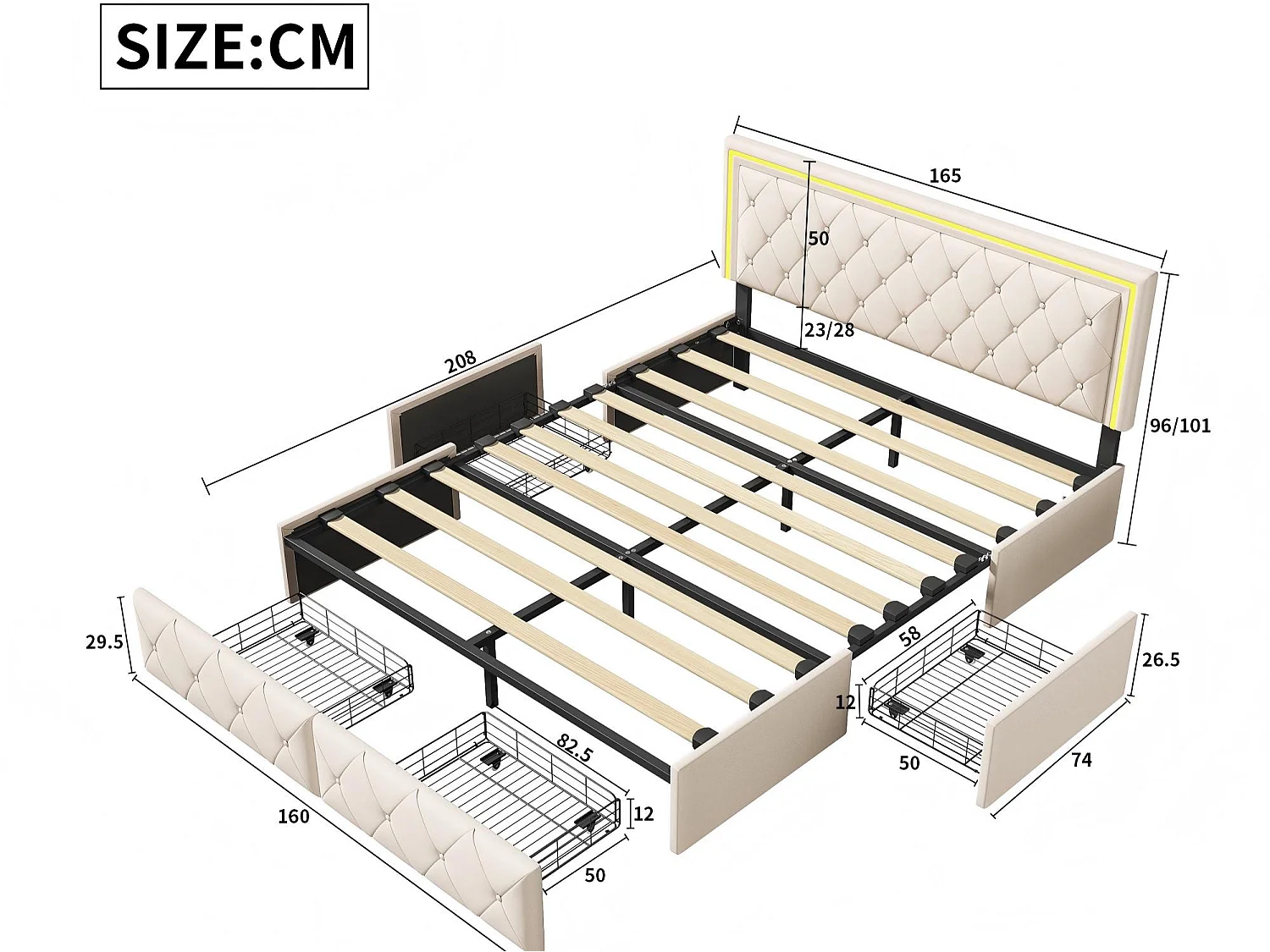 Lit coffre 160x200 cm beige avec rangement, lit double rembourré avec tiroirs, tête de lit LED capitonnée et sommier à lattes inclus
