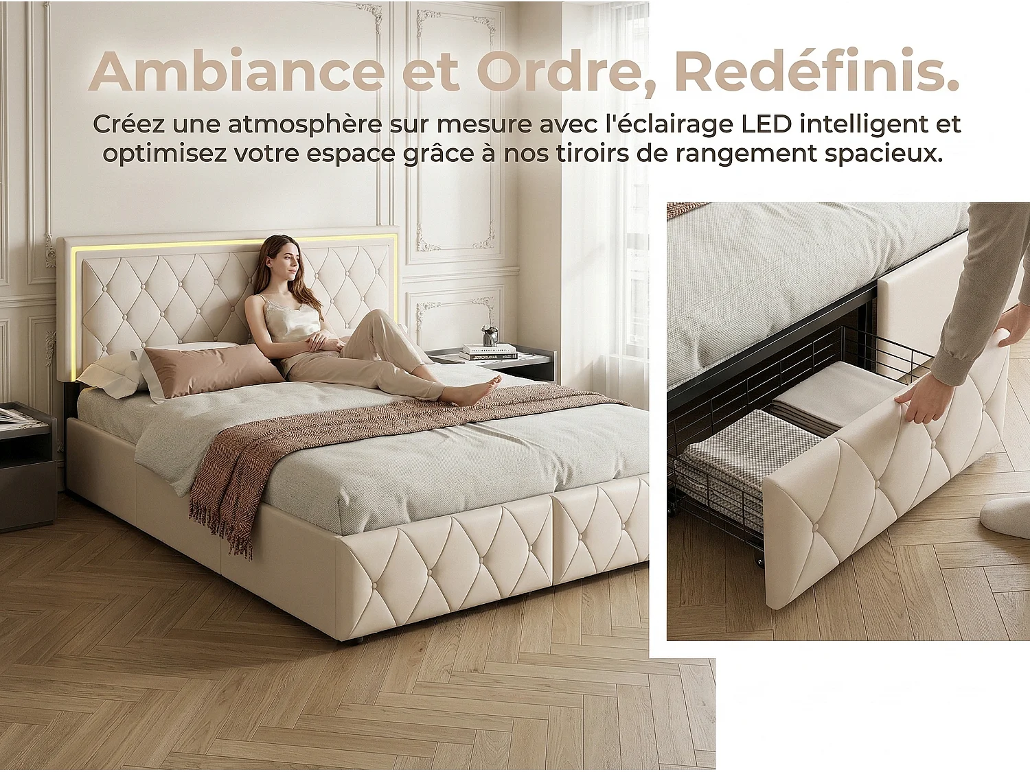 Lit coffre 160x200 cm beige avec rangement, lit double rembourré avec tiroirs, tête de lit LED capitonnée et sommier à lattes inclus