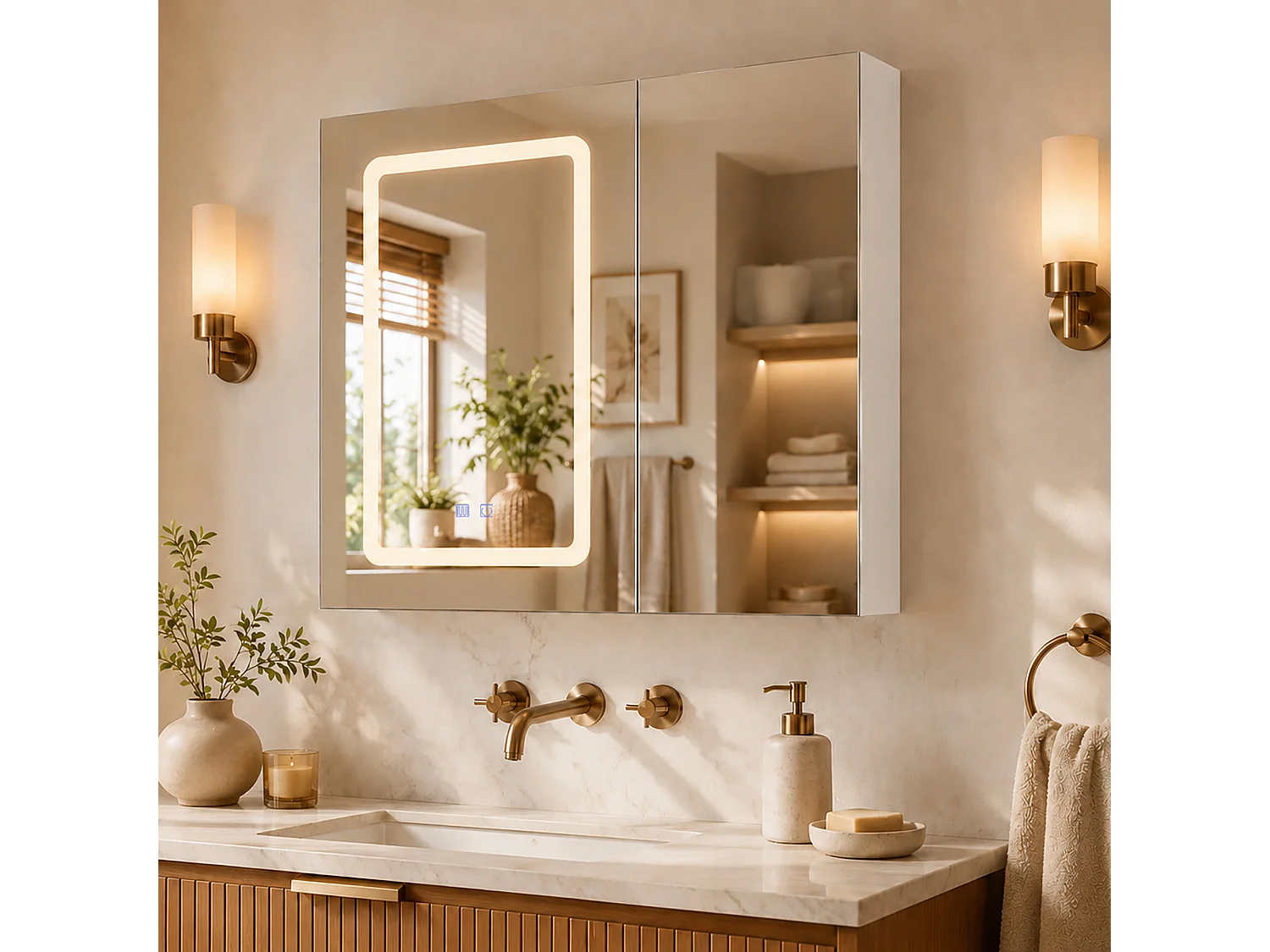 Miroir de toilette mural 2 portes avec LED 3 couleurs, anti-buée et étagères intégrées – 70 × 60 cm