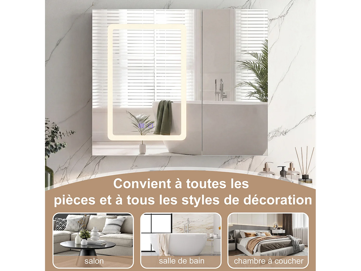 Miroir de toilette mural 2 portes avec LED 3 couleurs, anti-buée et étagères intégrées – 70 × 60 cm