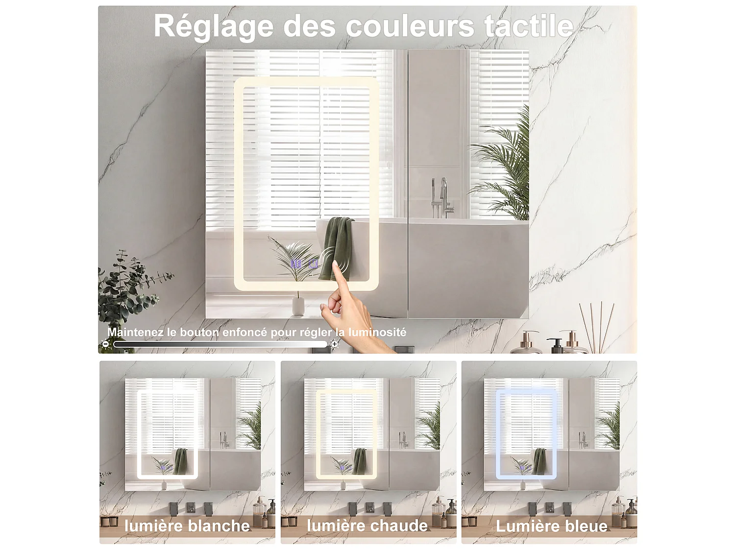 Miroir de toilette mural 2 portes avec LED 3 couleurs, anti-buée et étagères intégrées – 70 × 60 cm