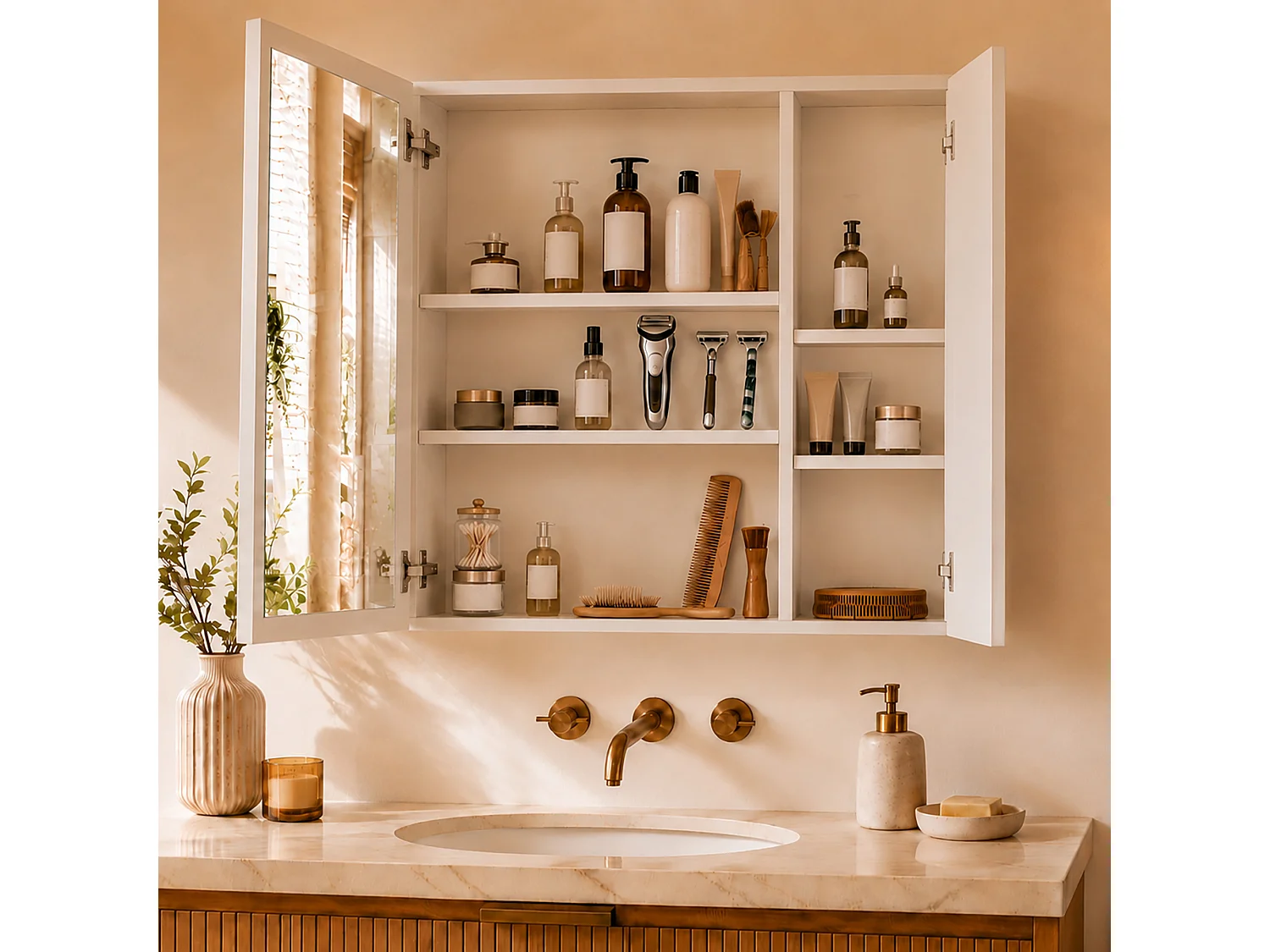 Miroir de toilette mural 2 portes avec LED 3 couleurs, anti-buée et étagères intégrées – 70 × 60 cm