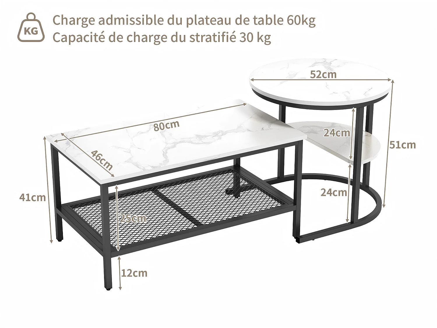 Table basse gigogne marbre et métal, lot de 2 tables basses design avec plateau effet marbre et rangement, salon moderne, Noir