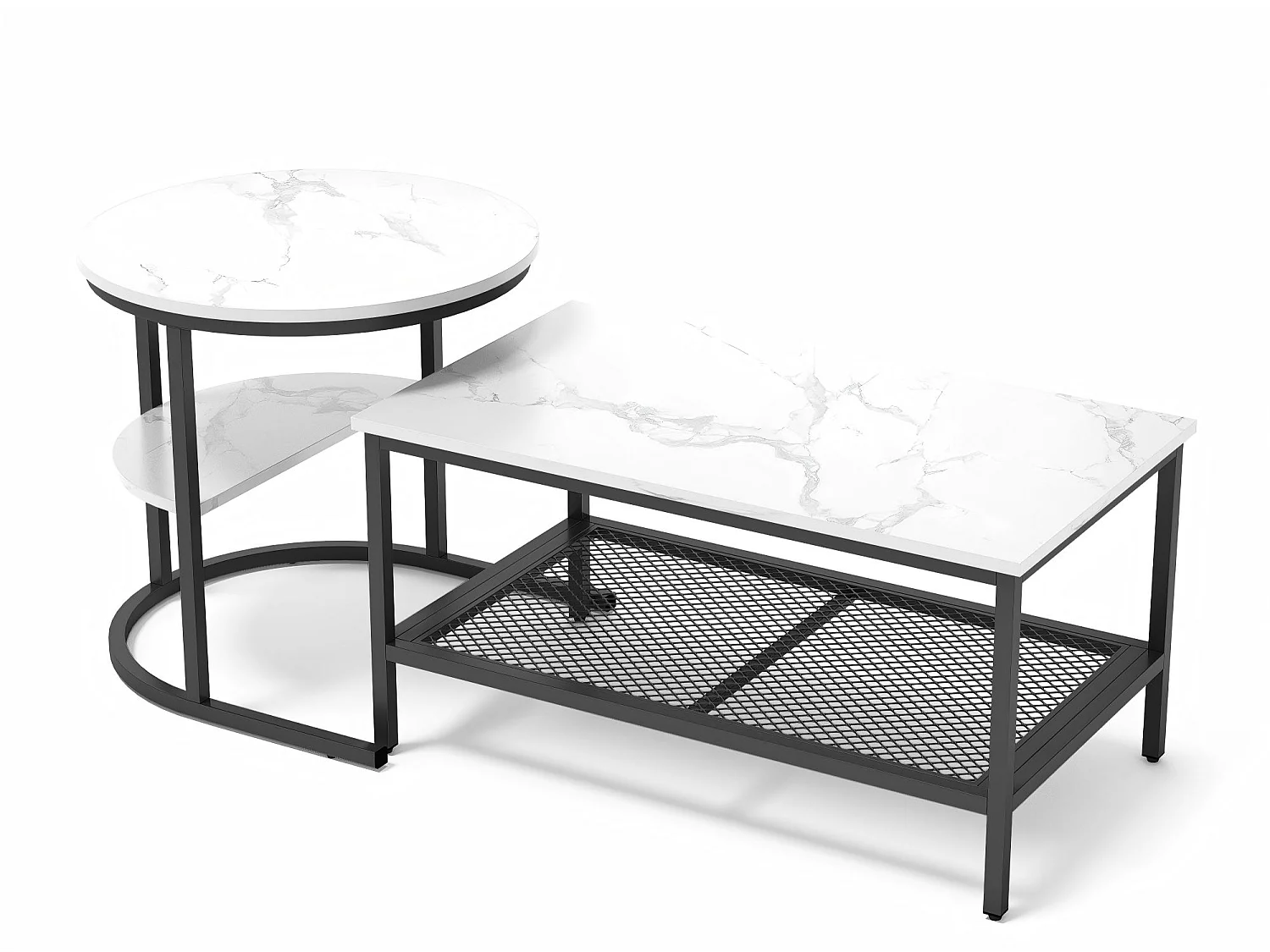 Table basse gigogne marbre et métal, lot de 2 tables basses design avec plateau effet marbre et rangement, salon moderne, Noir