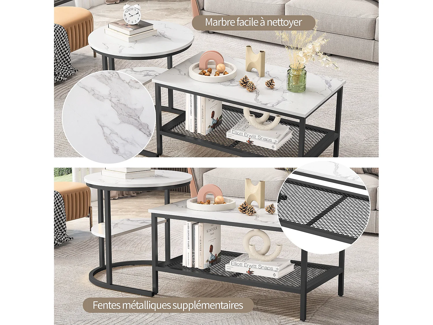 Table basse gigogne marbre et métal, lot de 2 tables basses design avec plateau effet marbre et rangement, salon moderne, Noir