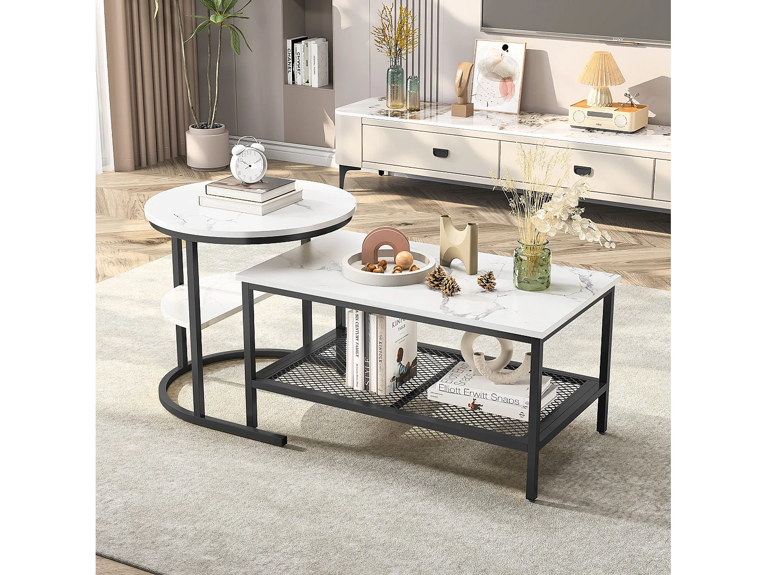 Table basse gigogne marbre et métal, lot de 2 tables basses design avec plateau effet marbre et rangement, salon moderne, Noir