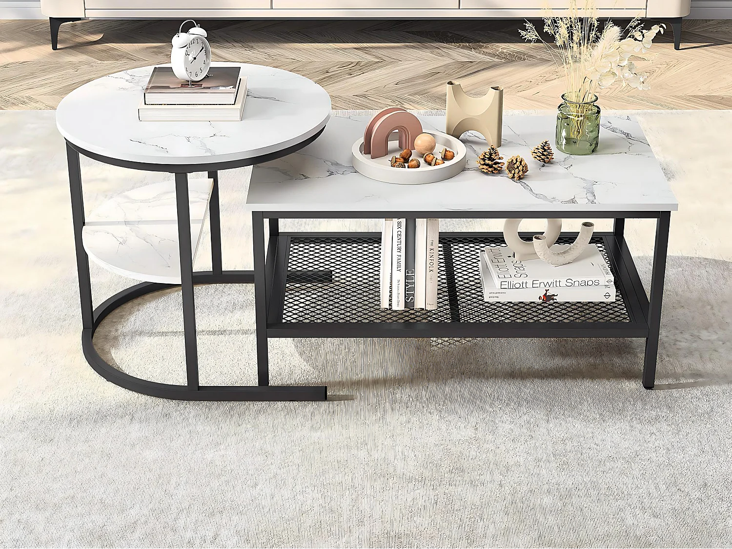 Table basse gigogne marbre et métal, lot de 2 tables basses design avec plateau effet marbre et rangement, salon moderne, Noir