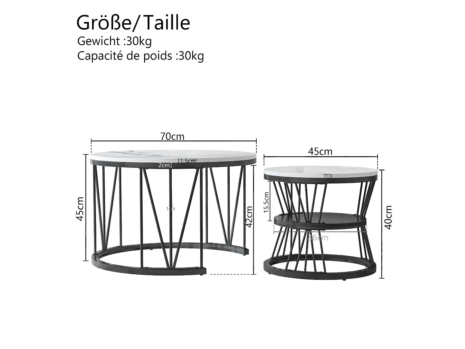 Tables Basses Gigognes Lot de 2 Rondes Effet Marbre Blanc Structure Métal Noir Style Moderne Salon