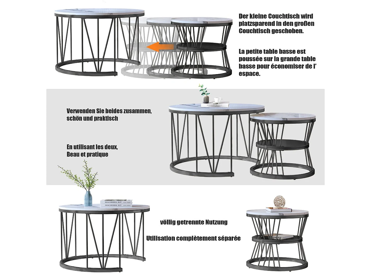Tables Basses Gigognes Lot de 2 Rondes Effet Marbre Blanc Structure Métal Noir Style Moderne Salon