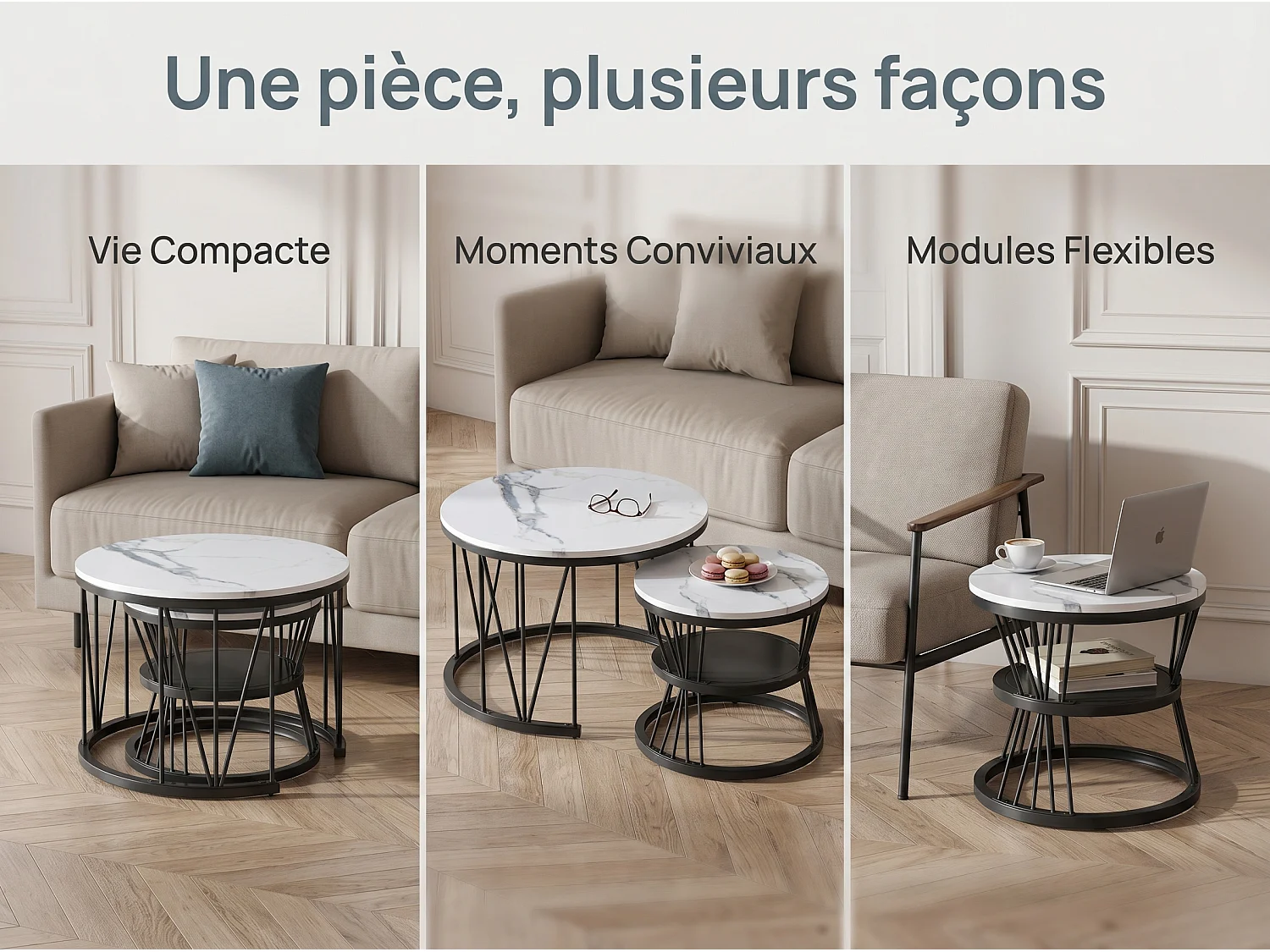 Tables Basses Gigognes Lot de 2 Rondes Effet Marbre Blanc Structure Métal Noir Style Moderne Salon