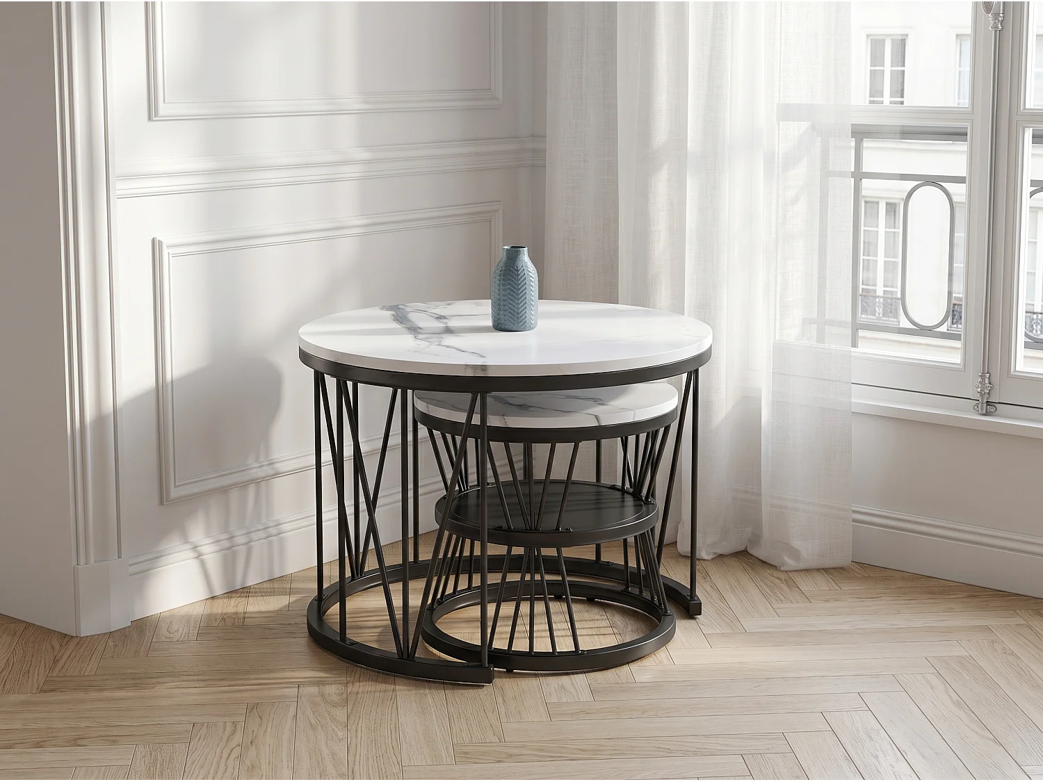 Tables Basses Gigognes Lot de 2 Rondes Effet Marbre Blanc Structure Métal Noir Style Moderne Salon