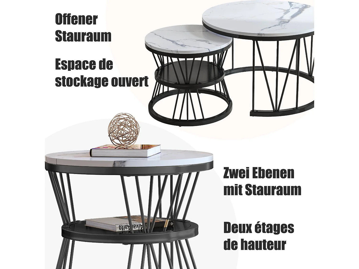 Tables Basses Gigognes Lot de 2 Rondes Effet Marbre Blanc Structure Métal Noir Style Moderne Salon