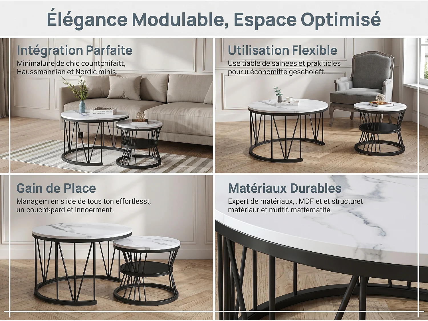 Tables Basses Gigognes Lot de 2 Rondes Effet Marbre Blanc Structure Métal Noir Style Moderne Salon