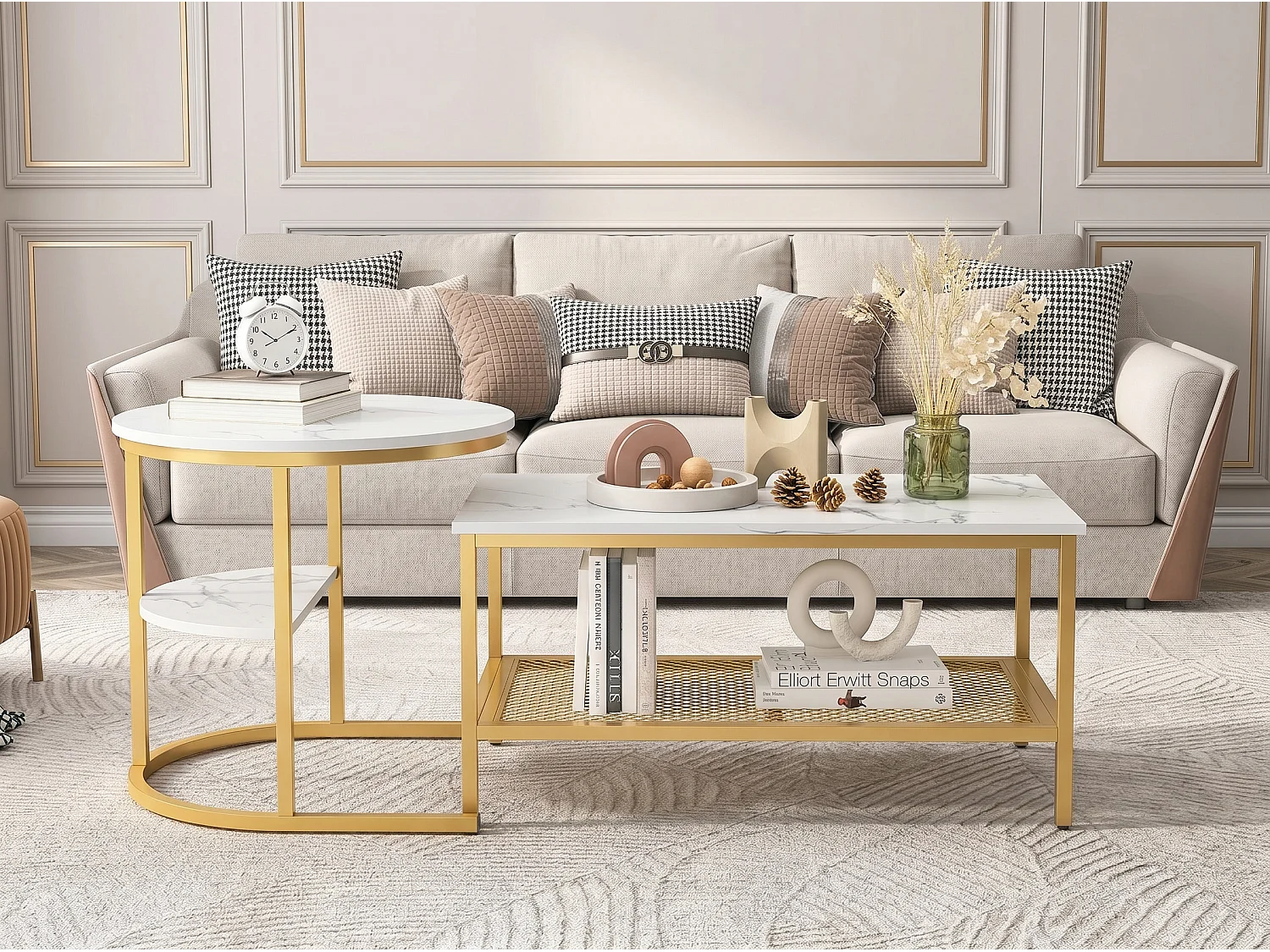 Table basse gigogne marbre et métal, lot de 2 tables basses design avec plateau effet marbre et rangement, salon moderne, doré