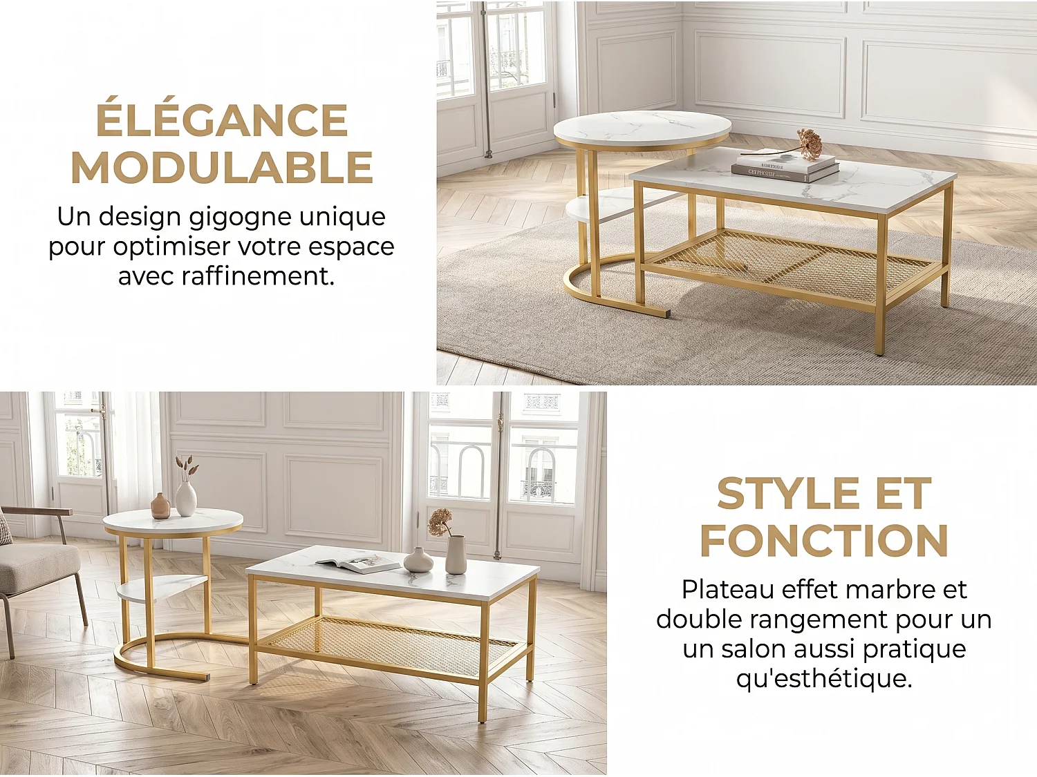Table basse gigogne marbre et métal, lot de 2 tables basses design avec plateau effet marbre et rangement, salon moderne, doré