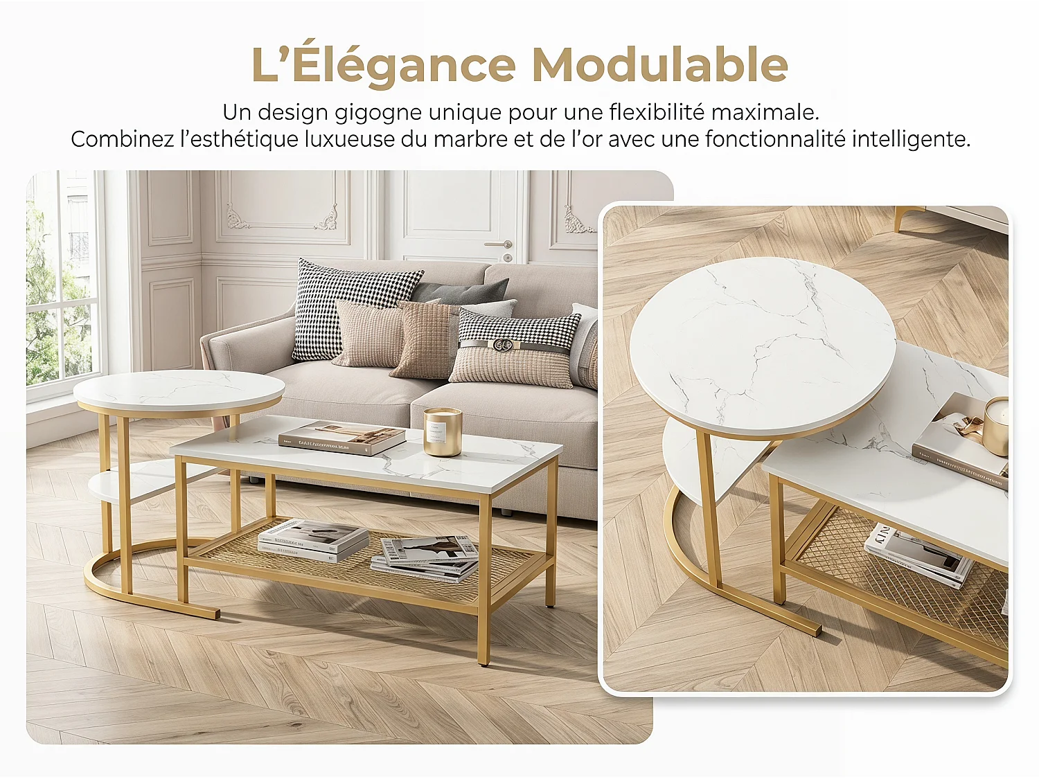 Table basse gigogne marbre et métal, lot de 2 tables basses design avec plateau effet marbre et rangement, salon moderne, doré