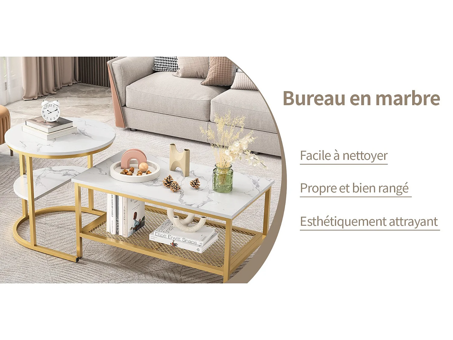 Table basse gigogne marbre et métal, lot de 2 tables basses design avec plateau effet marbre et rangement, salon moderne, doré