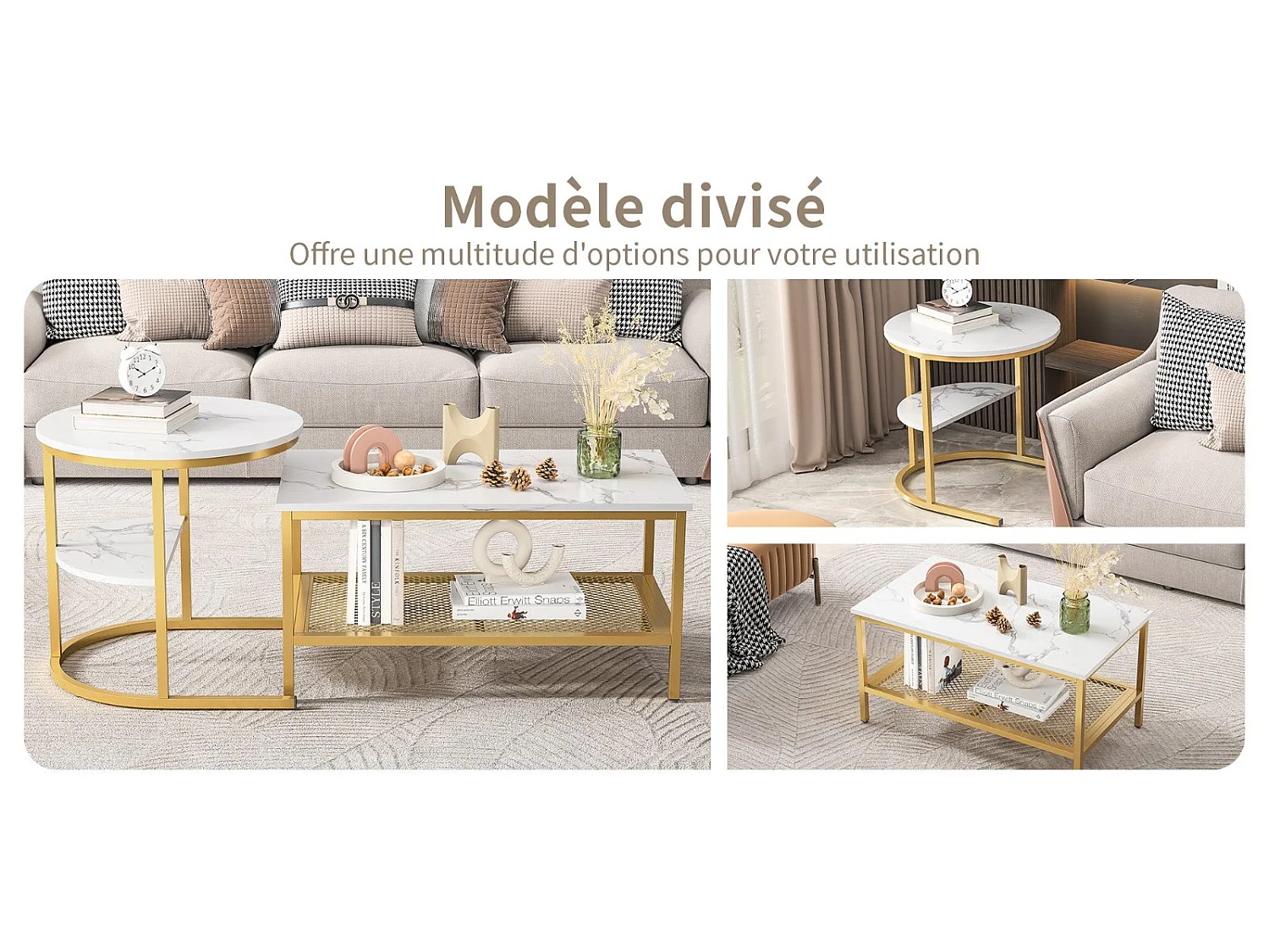 Table basse gigogne marbre et métal, lot de 2 tables basses design avec plateau effet marbre et rangement, salon moderne, doré