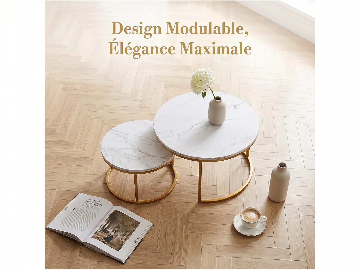 Tables Basses Gigognes Lot de 2 Effet Marbre Blanc Structure Métal Doré Style Moderne Chic Salon