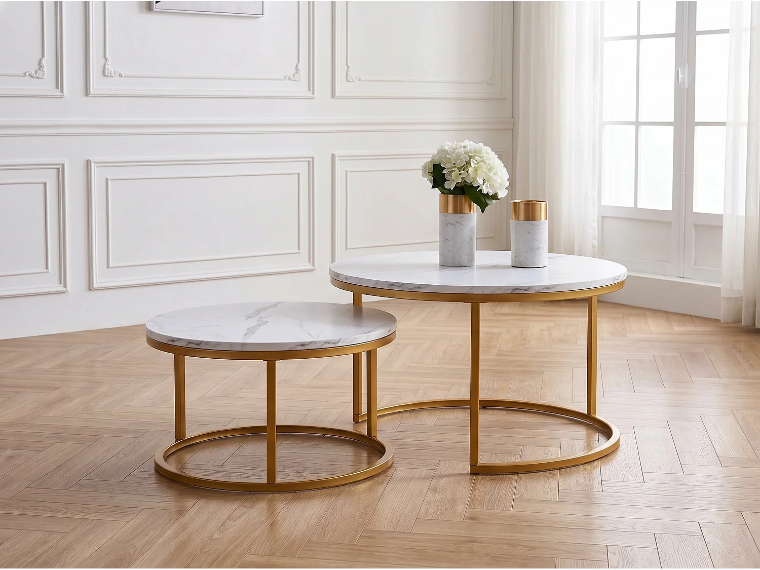 Tables Basses Gigognes Lot de 2 Effet Marbre Blanc Structure Métal Doré Style Moderne Chic Salon