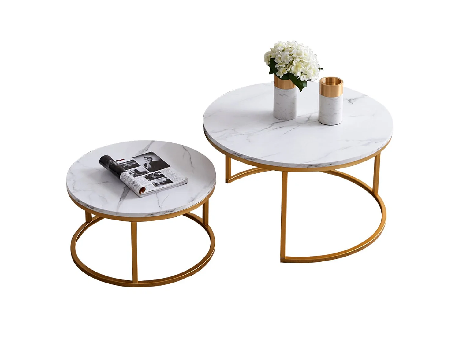 Tables Basses Gigognes Lot de 2 Effet Marbre Blanc Structure Métal Doré Style Moderne Chic Salon