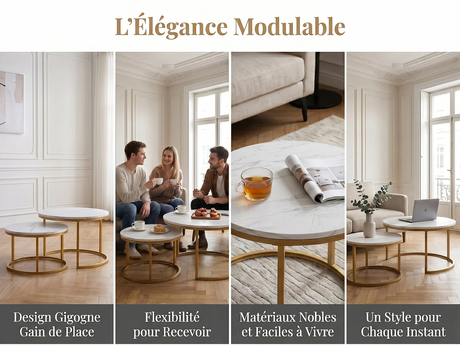 Tables Basses Gigognes Lot de 2 Effet Marbre Blanc Structure Métal Doré Style Moderne Chic Salon