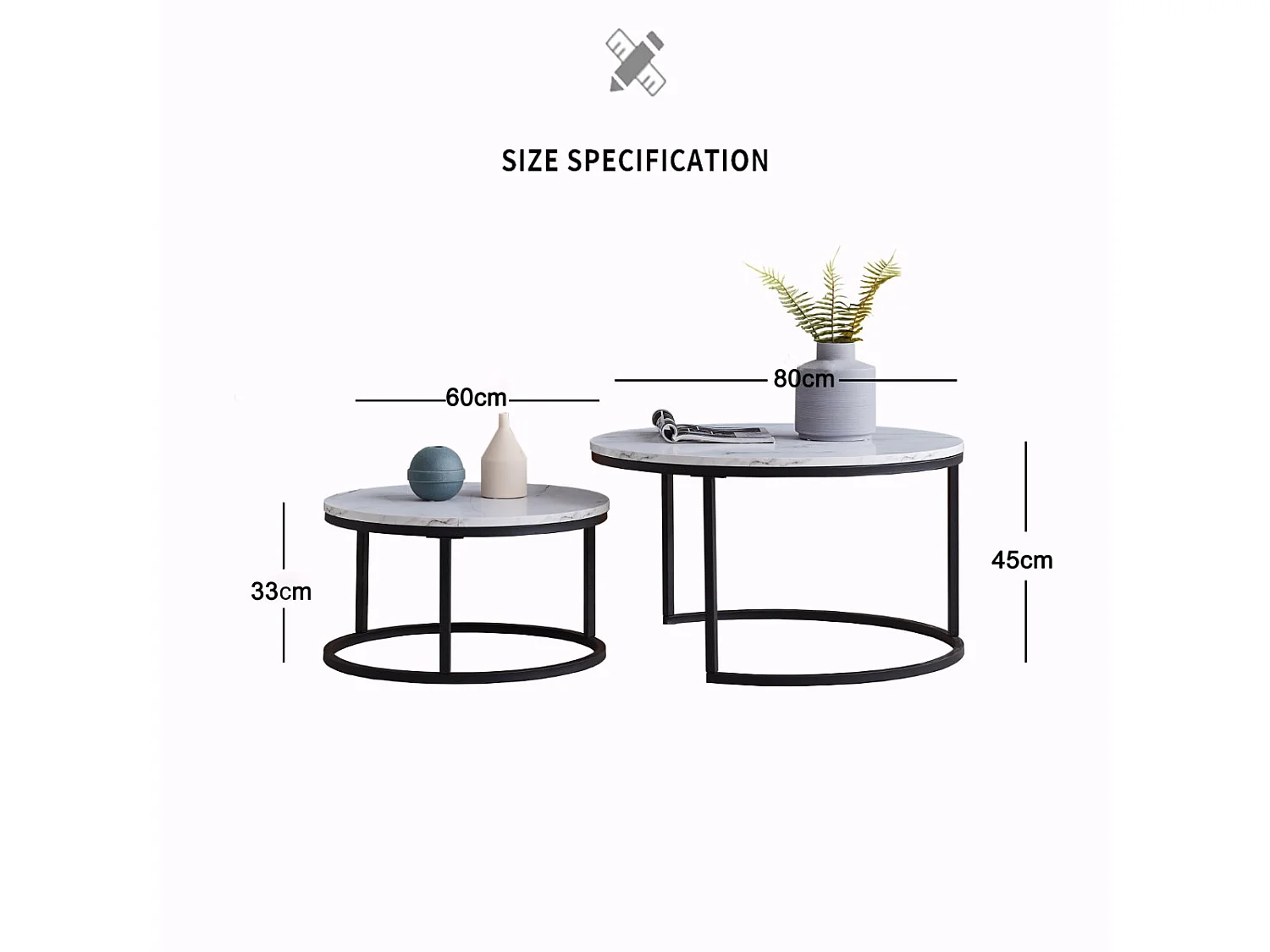 Tables Basses Gigognes Lot de 2 Effet Marbre Blanc Structure Métal Noir Style Moderne Chic Salon