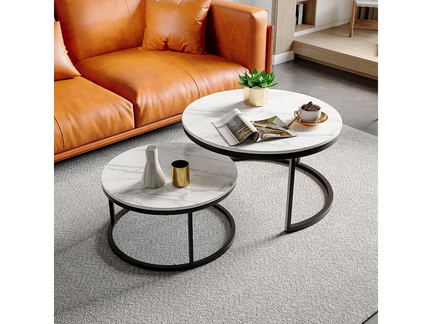 Tables Basses Gigognes Lot de 2 Effet Marbre Blanc Structure Métal Noir Style Moderne Chic Salon