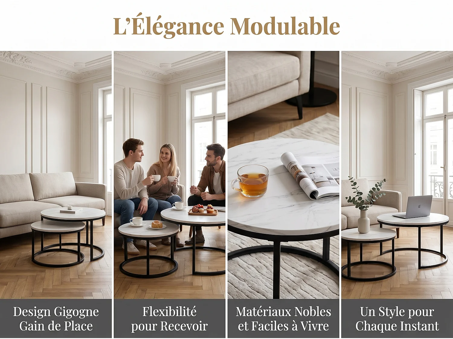 Tables Basses Gigognes Lot de 2 Effet Marbre Blanc Structure Métal Noir Style Moderne Chic Salon