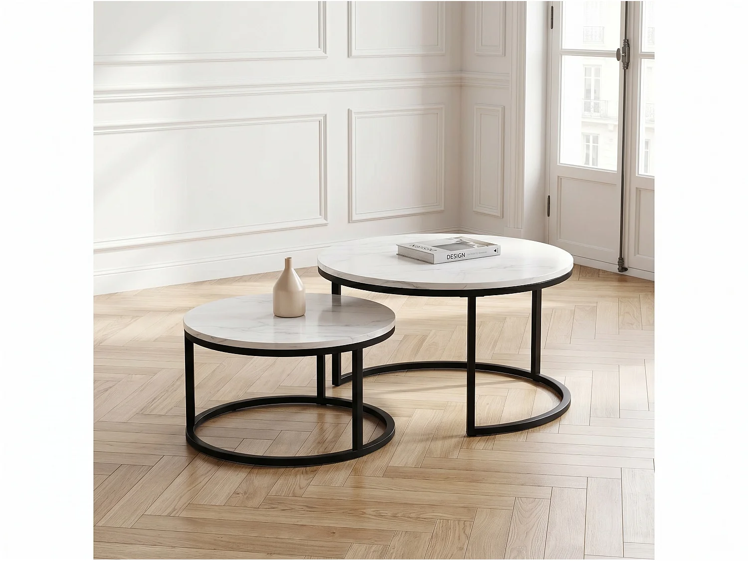 Tables Basses Gigognes Lot de 2 Effet Marbre Blanc Structure Métal Noir Style Moderne Chic Salon