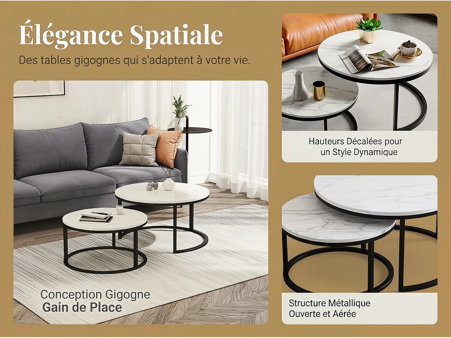 Tables Basses Gigognes Lot de 2 Effet Marbre Blanc Structure Métal Noir Style Moderne Chic Salon