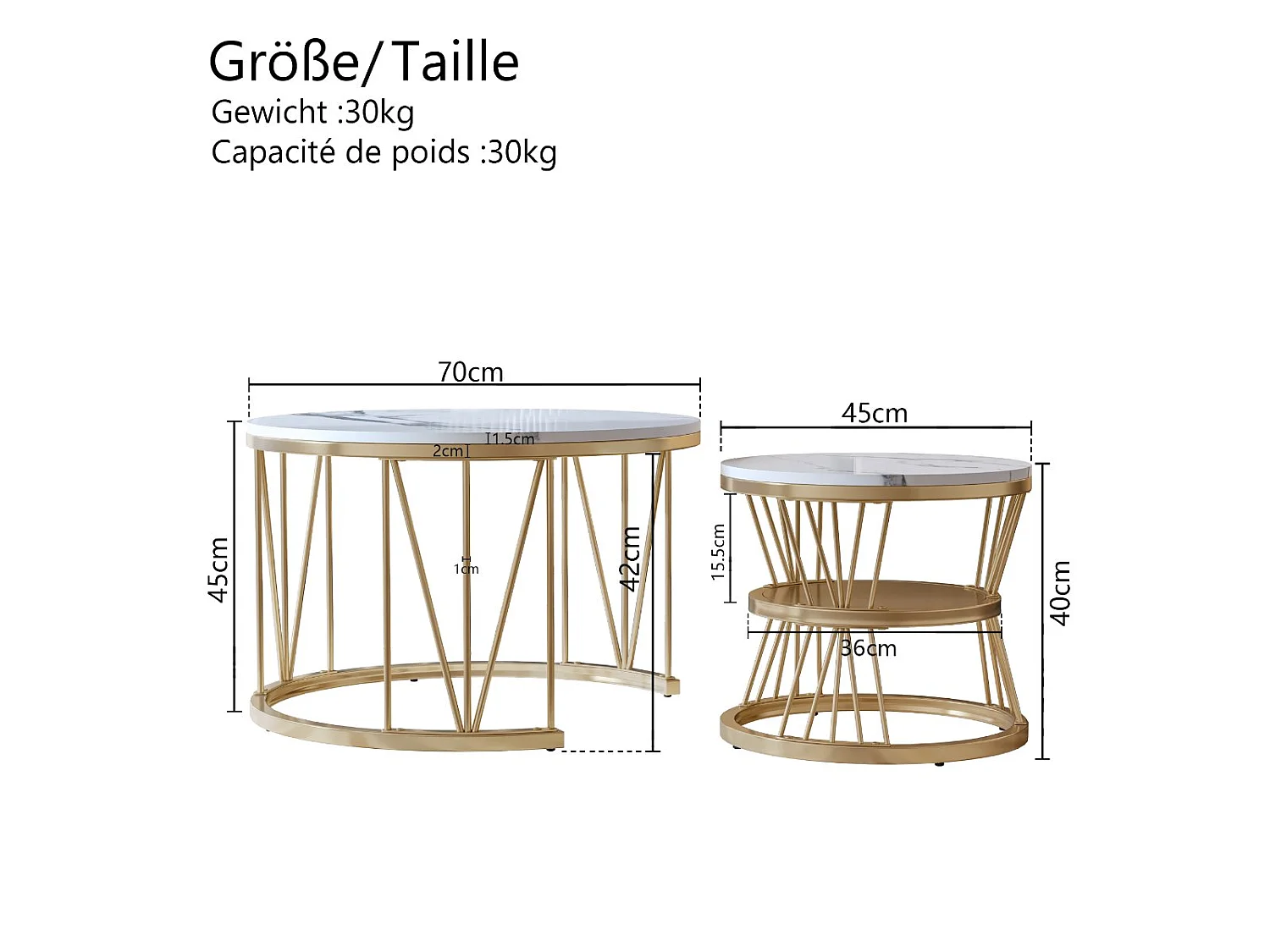 Tables Basses Gigognes Lot de 2 Rondes Effet Marbre Blanc Structure Métal Doré Style Moderne Salon